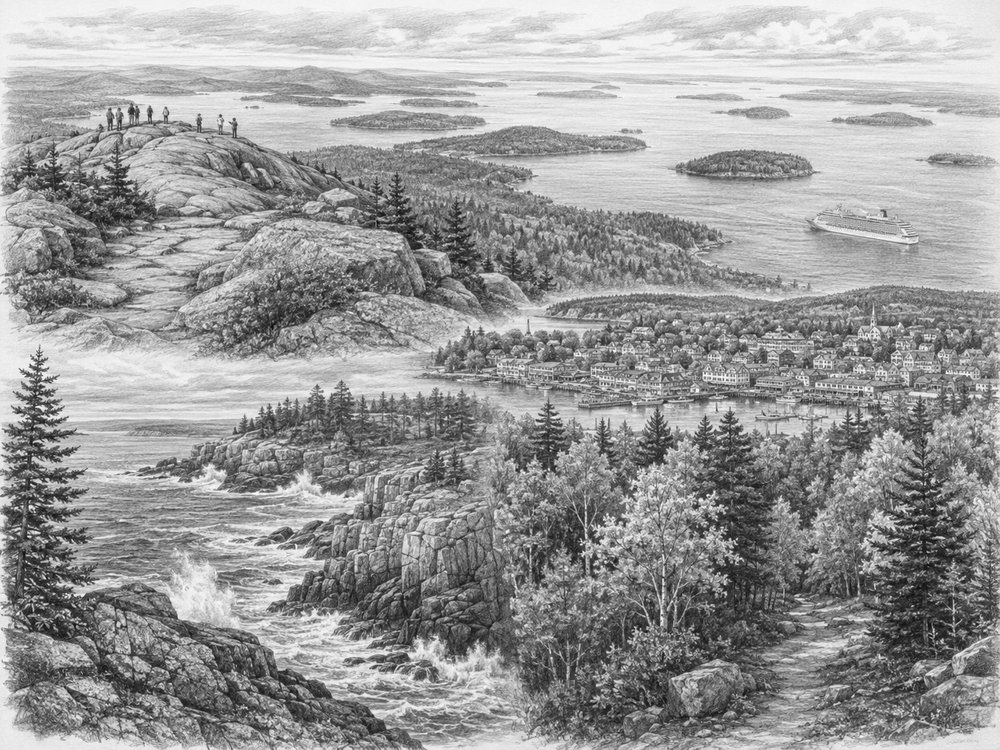 Illustration of Cadillac Mountain in Acadia National Park seen from Norwegian Escape