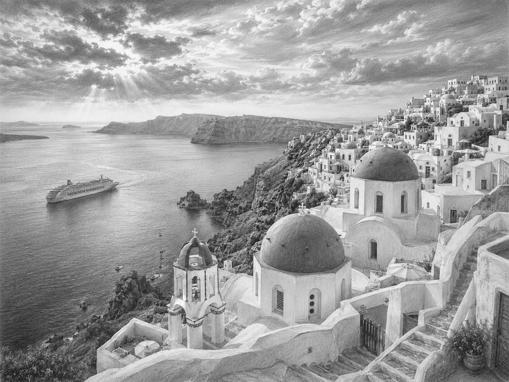 Illustration of the blue domes and caldera of Santorini seen from Sun Princess