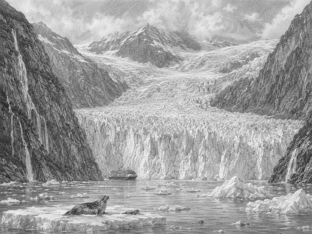 Illustration of a tidewater glacier seen from the deck of Celebrity Edge