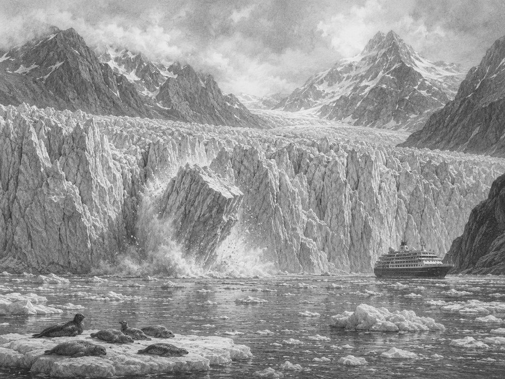 Illustration of a tidewater glacier in Glacier Bay seen from Koningsdam