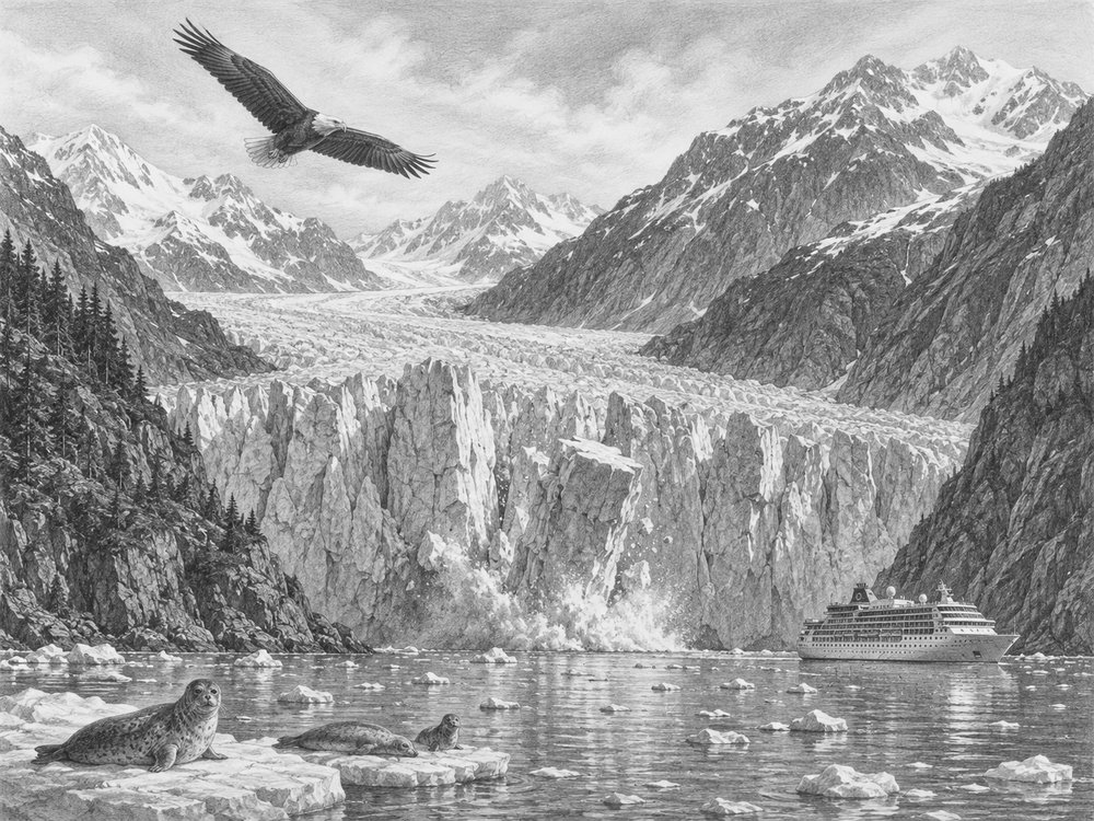 Illustration of tidewater glaciers in Glacier Bay National Park seen from Norwegian Encore