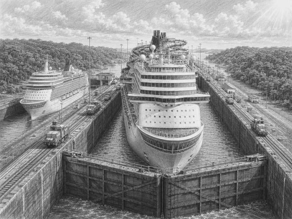 Illustration of Norwegian Bliss transiting the locks of the Panama Canal