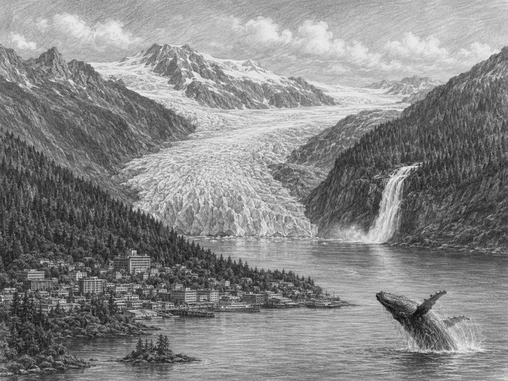 Illustration of Juneau and the Mendenhall Glacier seen from Celebrity Edge
