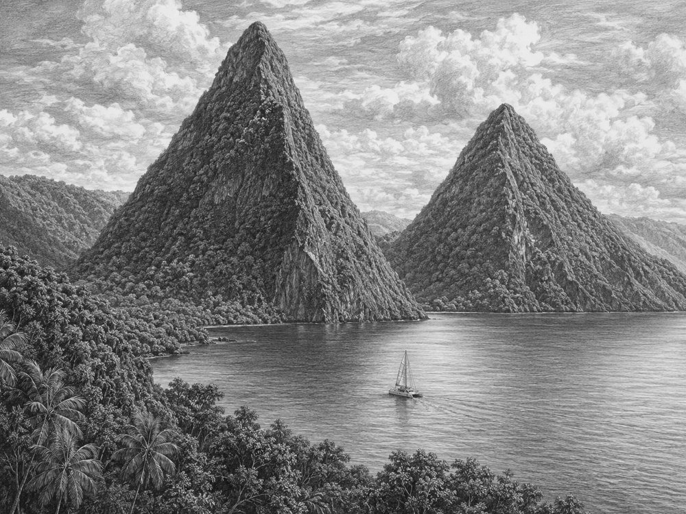 Illustration of the Pitons of St. Lucia seen from Celebrity Ascent
