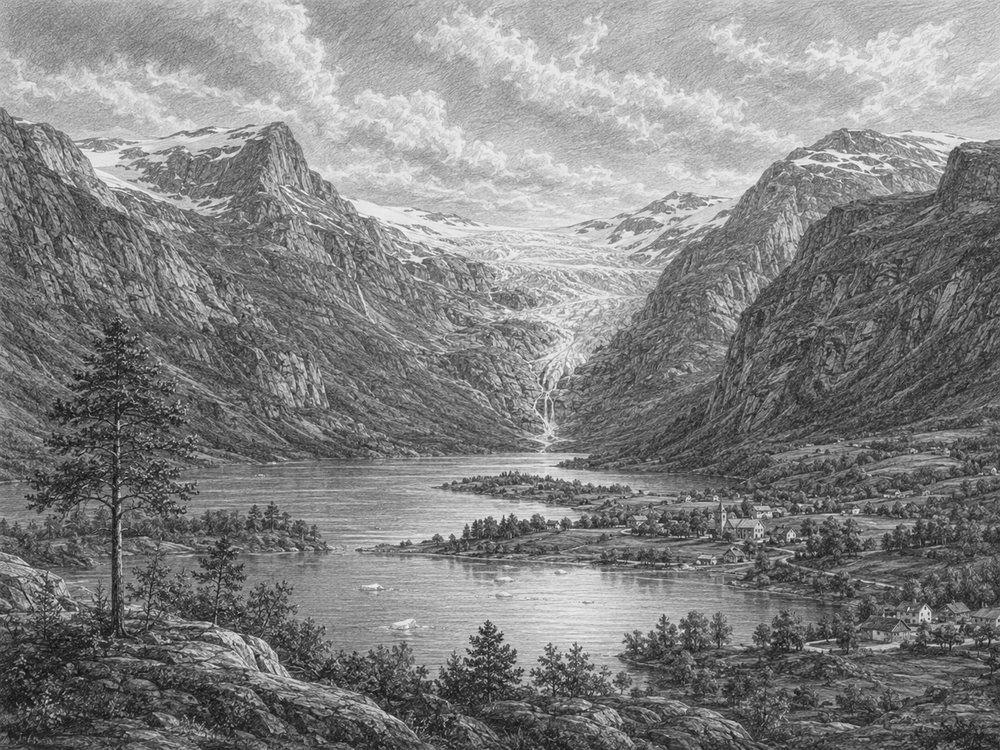 Illustration of the Olden glacier valley in Norway seen from Liberty of the Seas