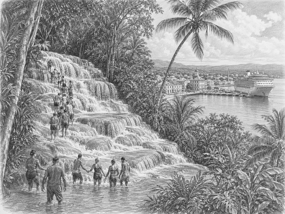 Illustration of Dunn's River Falls in Falmouth, Jamaica on an Independence of the Seas cruise