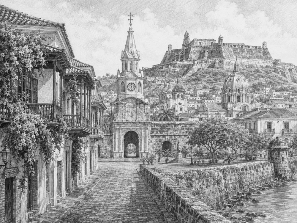 Illustration of the walled old town of Cartagena, Colombia seen from Norwegian Bliss
