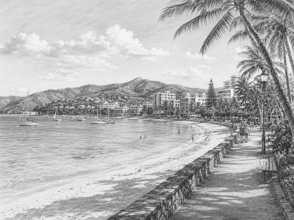 Illustration of a South Pacific island beach seen from Anthem of the Seas