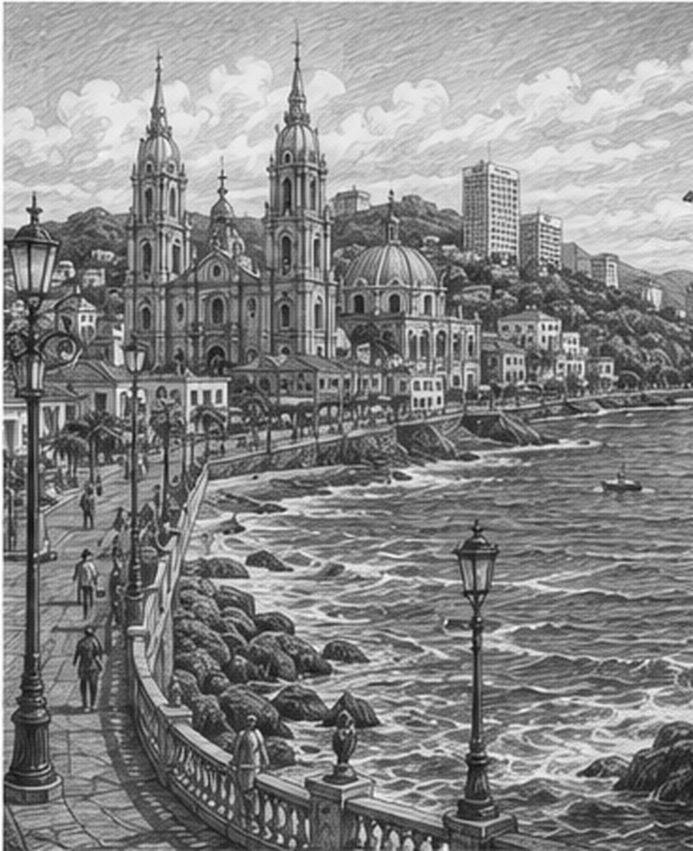 Illustration of Mazatlan's malecon and lighthouse seen from Quantum of the Seas