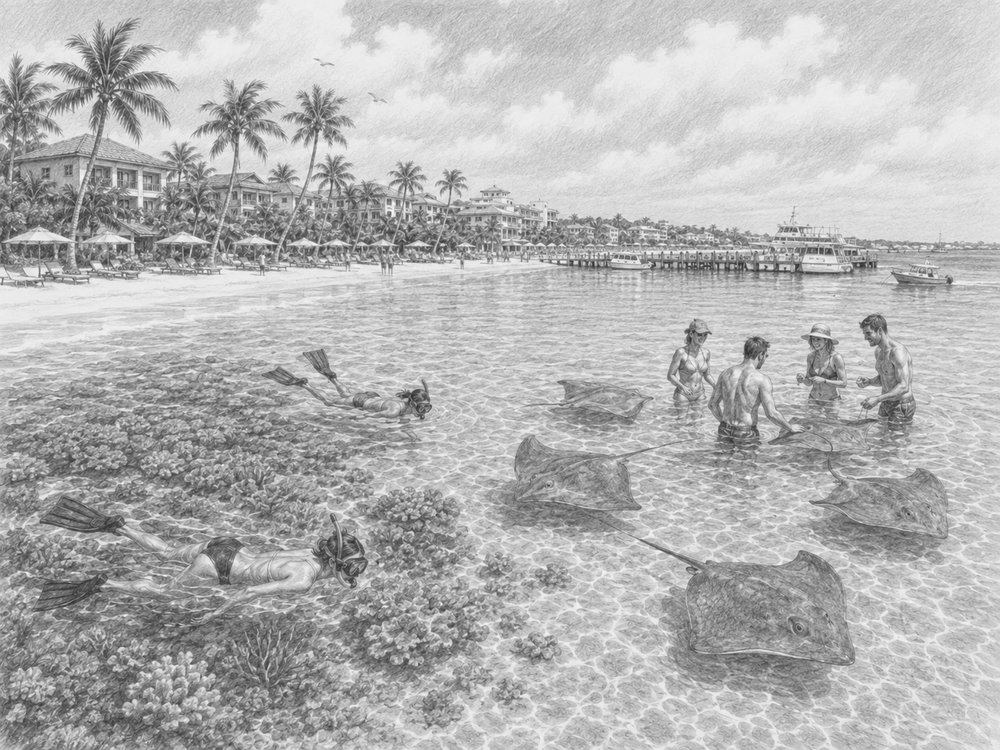 Illustration of Grand Cayman's Seven Mile Beach seen from Carnival Celebration