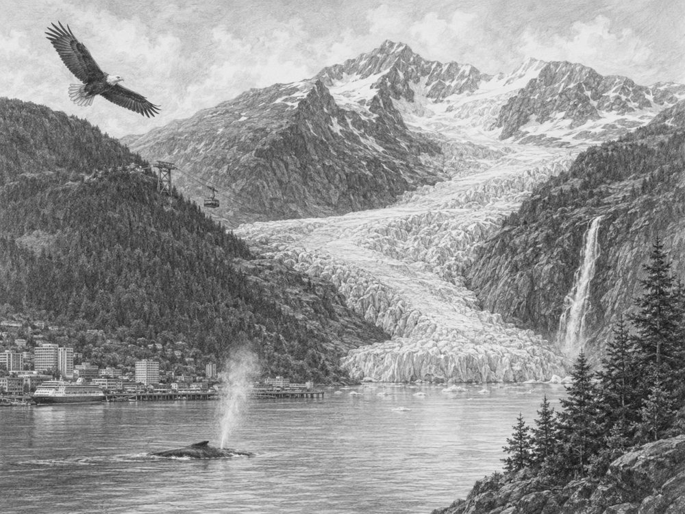 Illustration of Juneau and the Mendenhall Glacier seen from Norwegian Encore