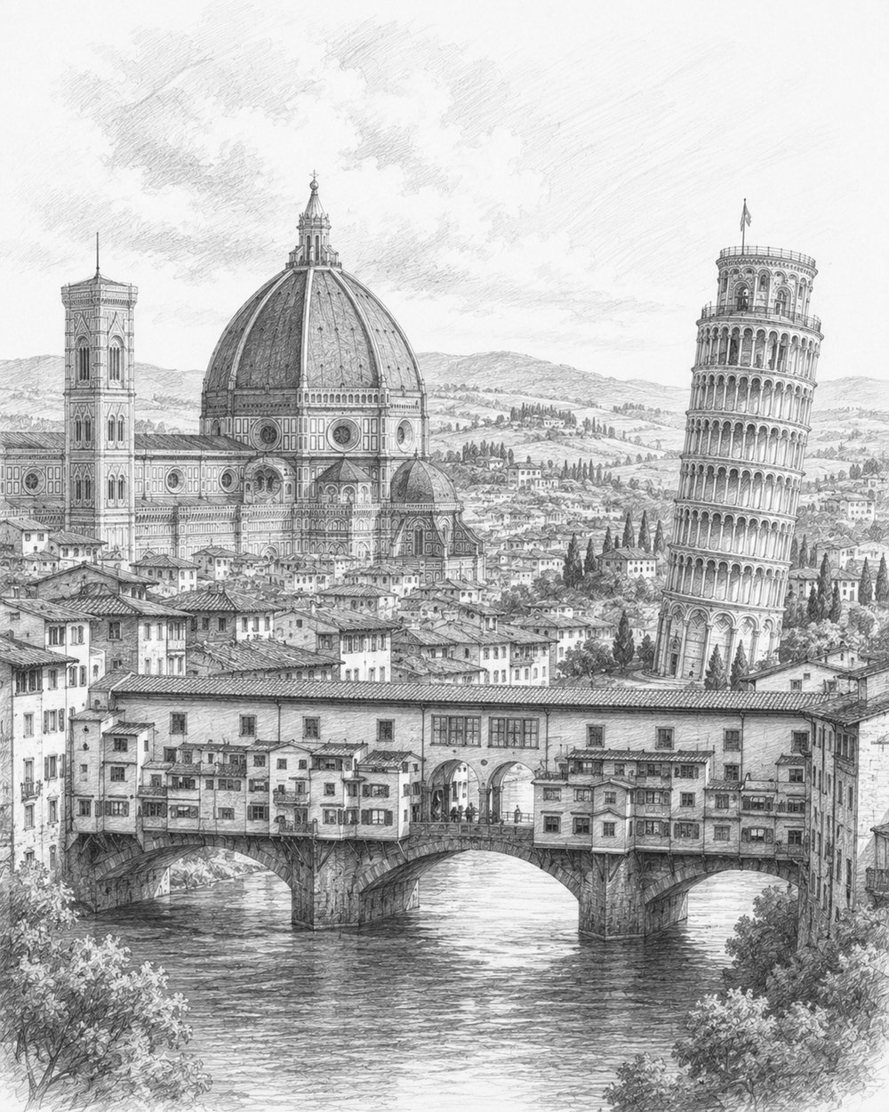 Illustration of Florence's Duomo and the Leaning Tower of Pisa near Norwegian Epic