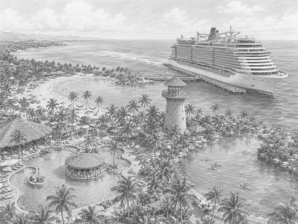 Illustration of Harvest Caye, Norwegian's island in Belize, seen from Norwegian Luna