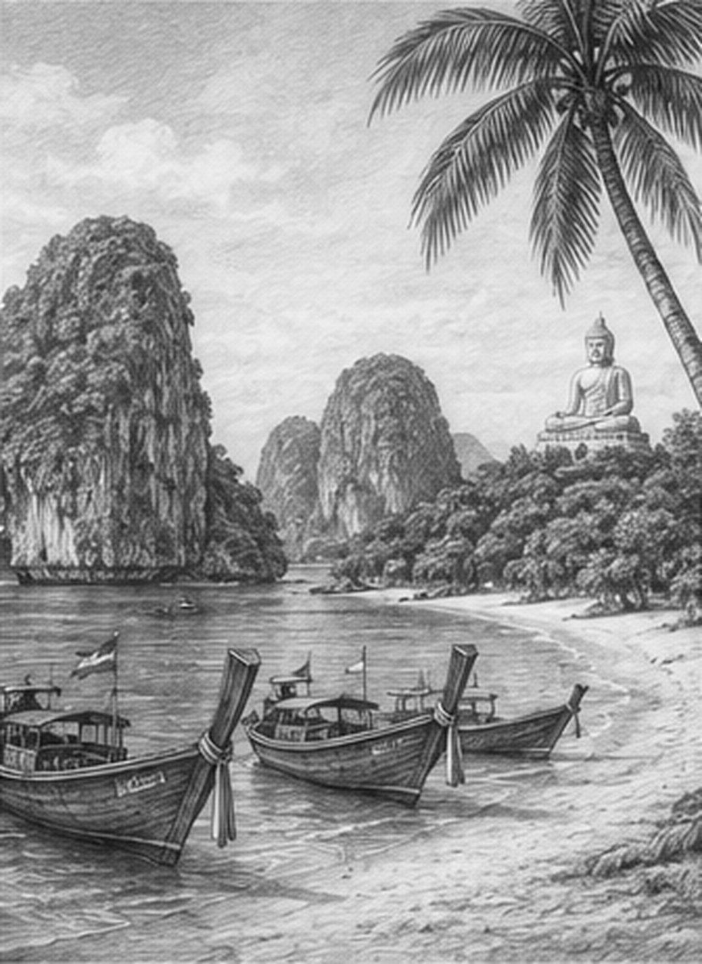 Illustration of a temple and beach in Phuket, Thailand seen from Spectrum of the Seas