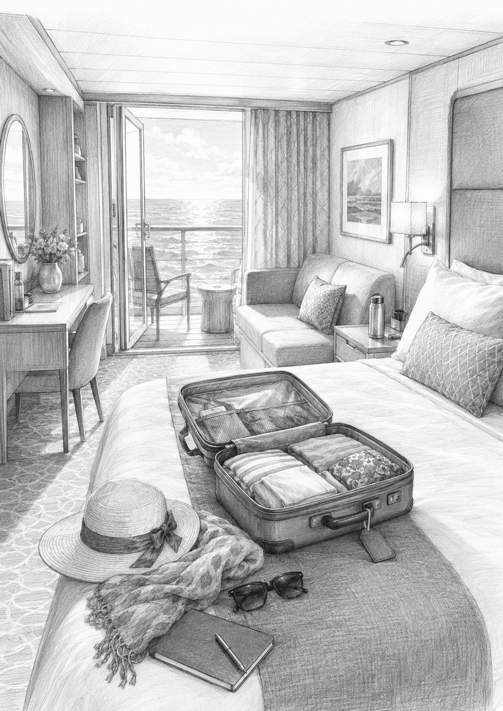 Illustration of a balcony stateroom on Wonder of the Seas with an ocean view