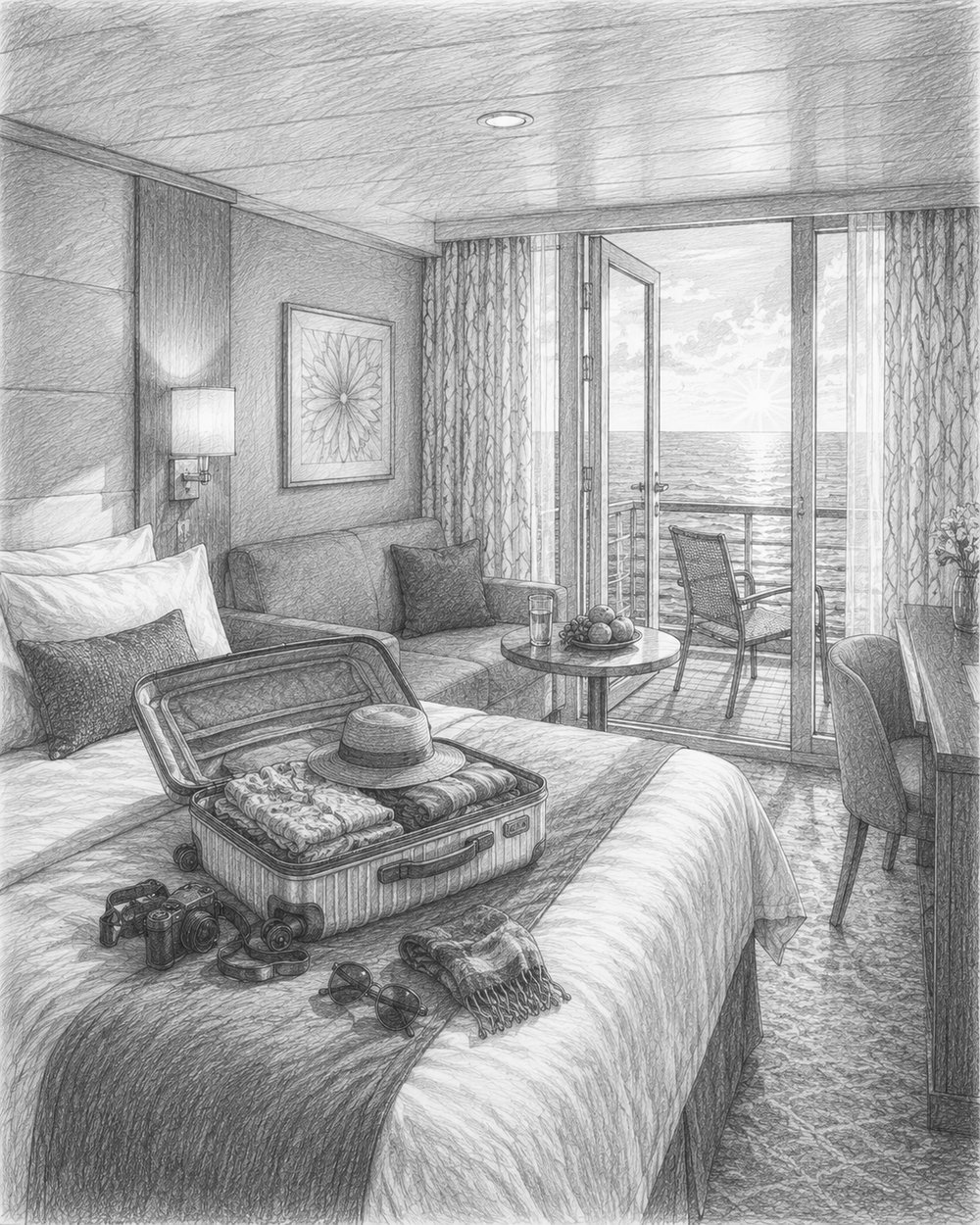Illustration of a balcony stateroom on Spectrum of the Seas with an ocean view