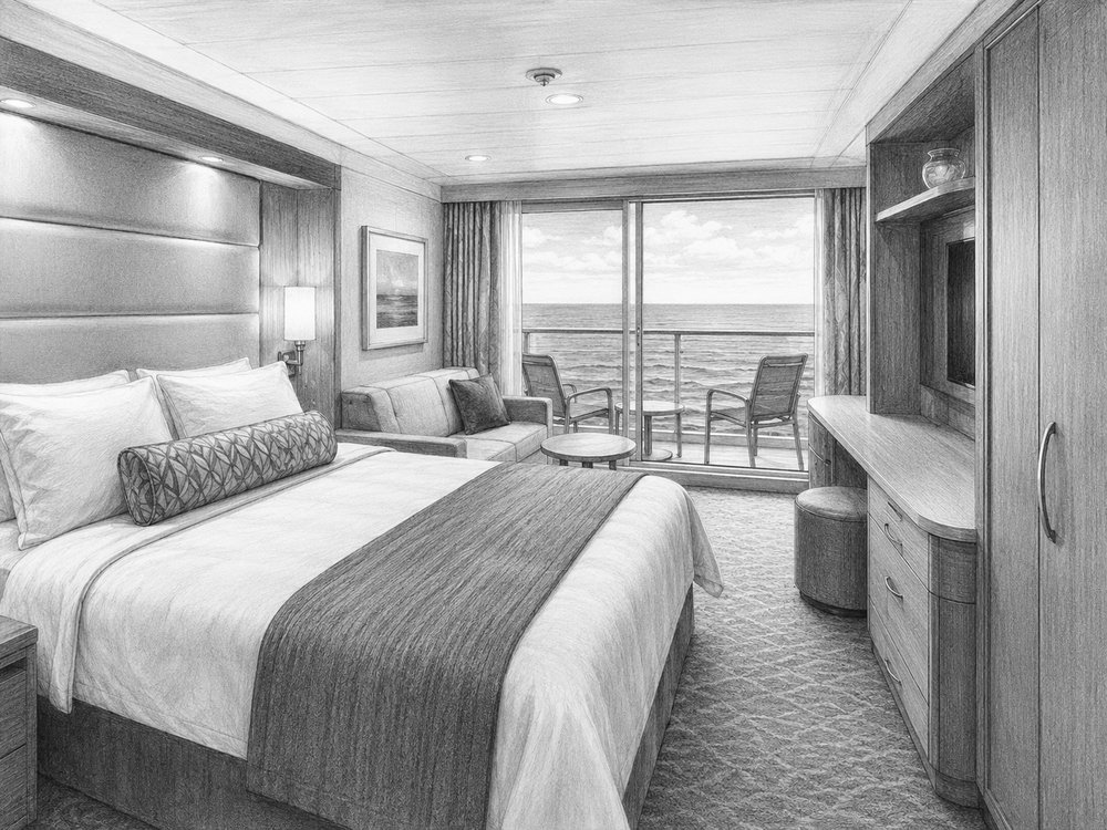 Illustration of a solo studio cabin and the Studio Lounge on Norwegian Escape