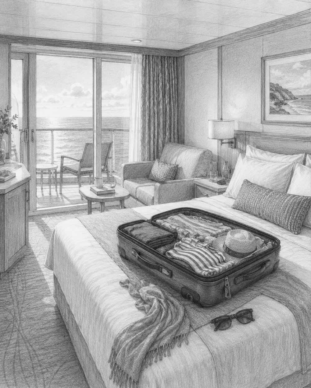 Balcony stateroom on Icon of the Seas with an open suitcase on the bed and the ocean visible through the balcony doors