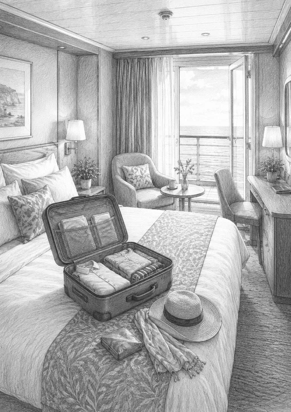 Illustration of a balcony stateroom on Utopia of the Seas with an ocean view