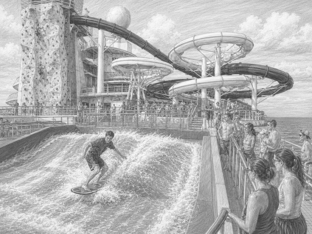 Illustration of the Sky Pad virtual-reality bungee trampoline on Independence of the Seas