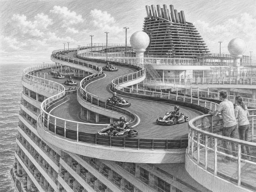 Illustration of the Speedway go-kart racetrack and Aqua Park on Norwegian Bliss