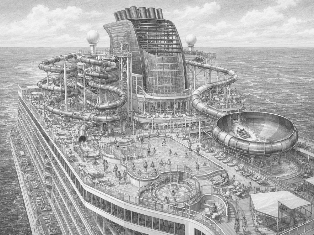 Illustration of the Epic Plunge bowl waterslide and Aqua Park on Norwegian Epic