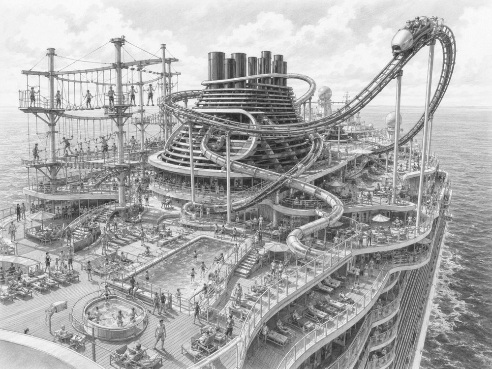 Illustration of the Aqua Slidecoaster wrapping the funnel on Norwegian Luna