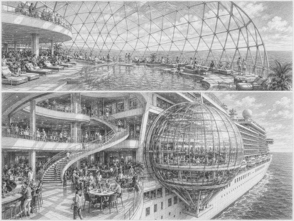 Illustration of The Dome, the Santorini-inspired glass structure on Sun Princess