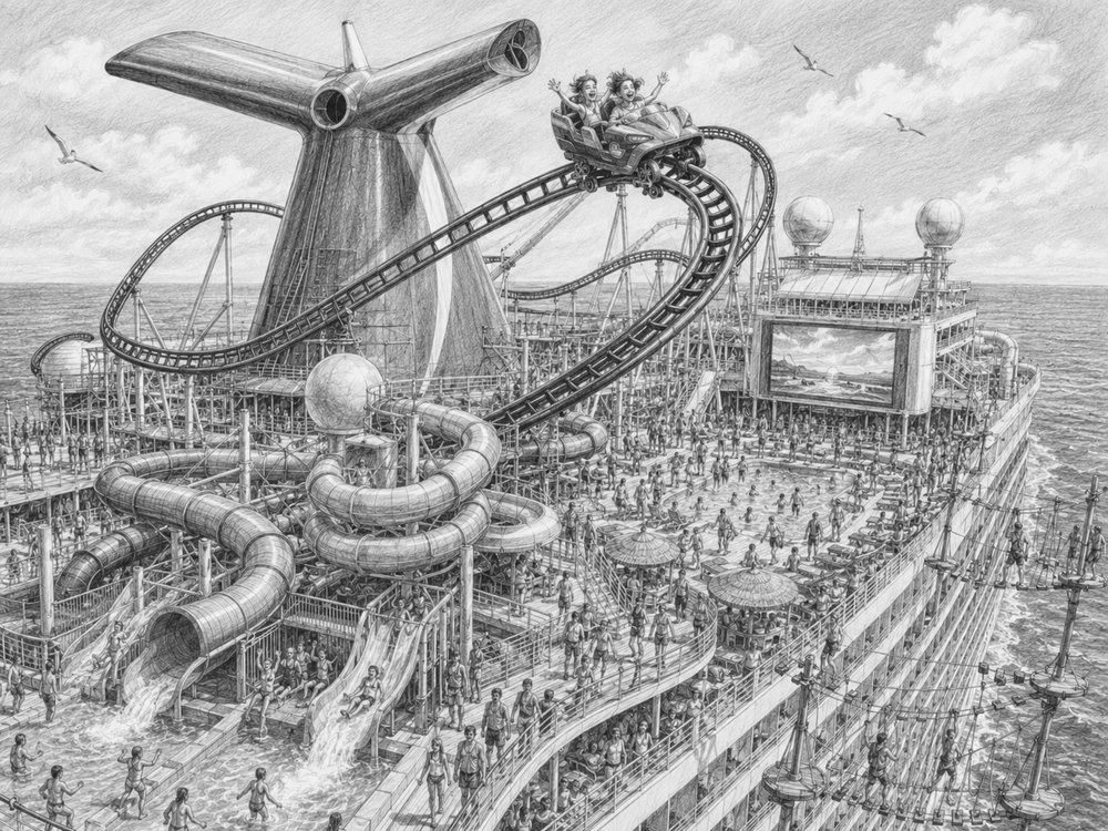 Illustration of the BOLT roller coaster and WaterWorks on Carnival Celebration