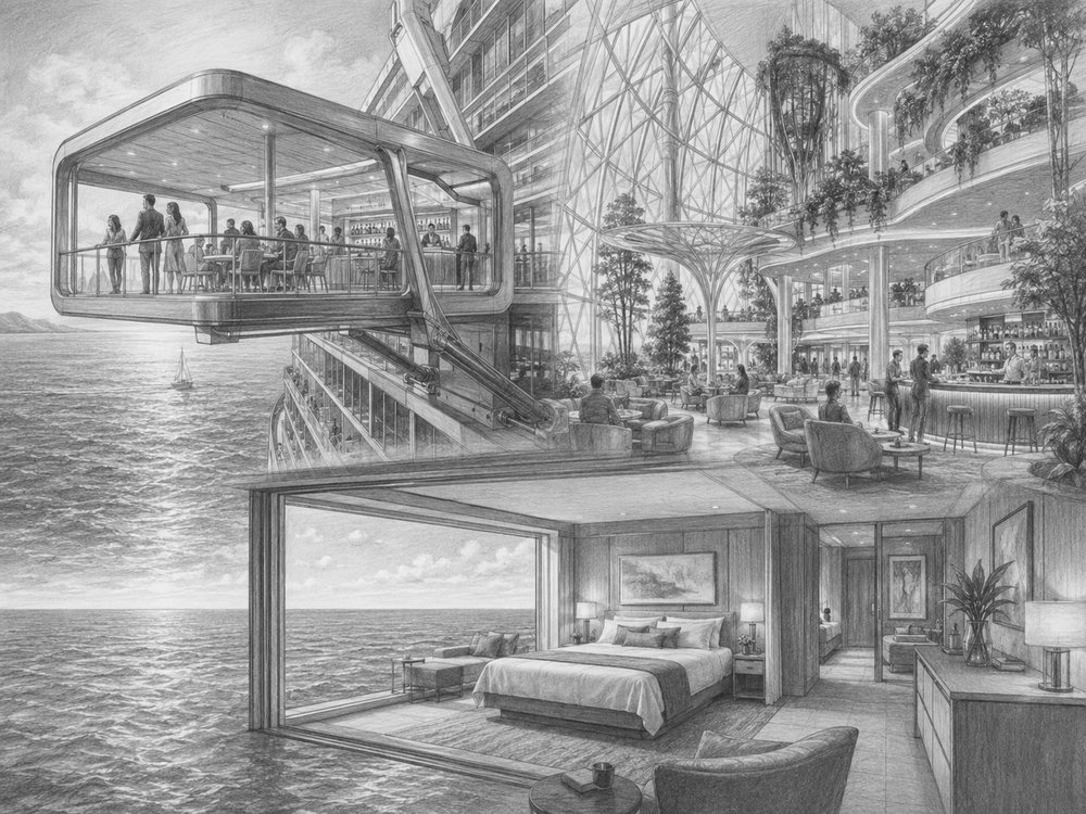 Illustration of the Magic Carpet riding the side of the hull on Celebrity Ascent