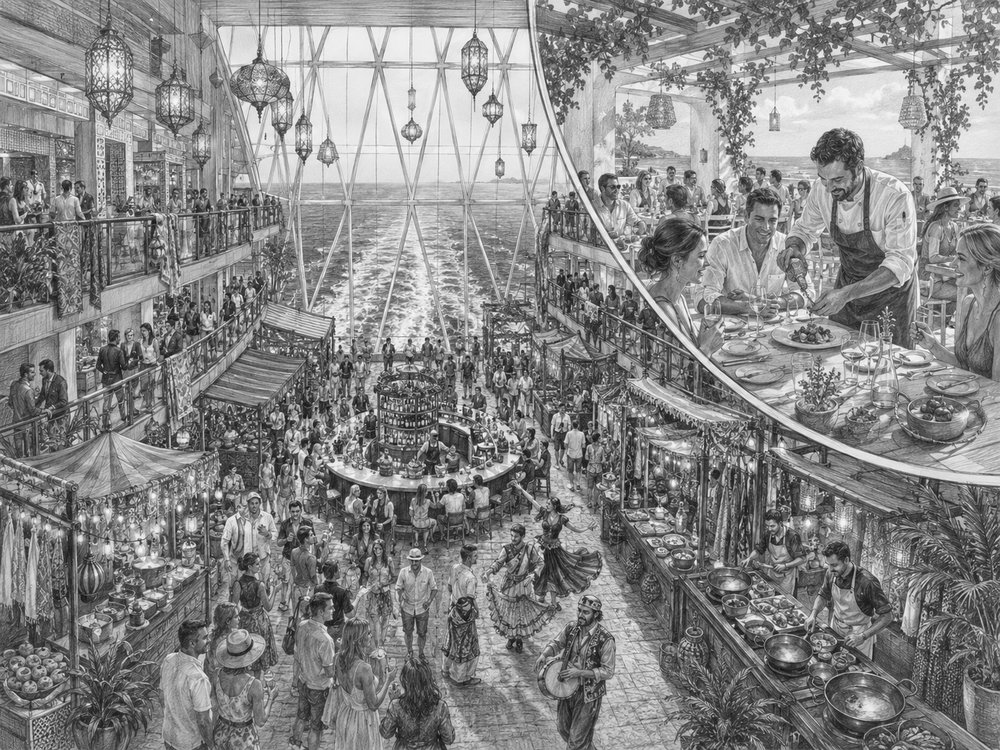 Illustration of the Magic Carpet riding the side of the hull on Celebrity Xcel