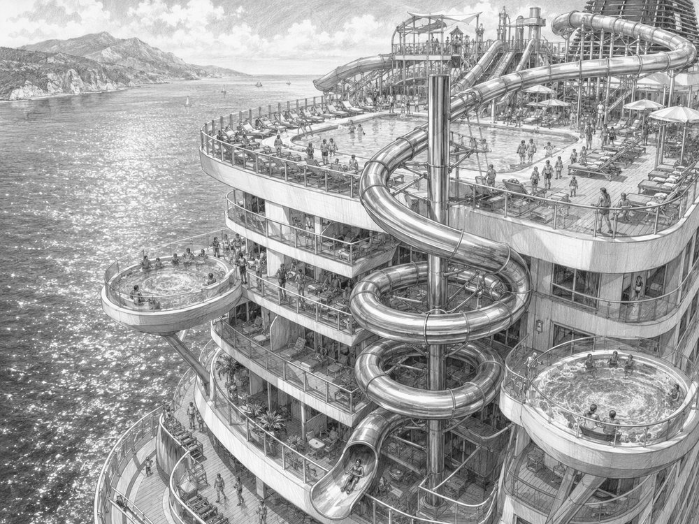Illustration of the aquapark and the Venom Drop dry slide on MSC World Europa