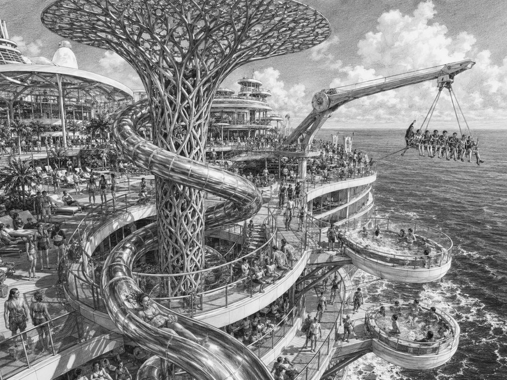 Illustration of the aquapark and the Spiral dry slide on MSC World Asia