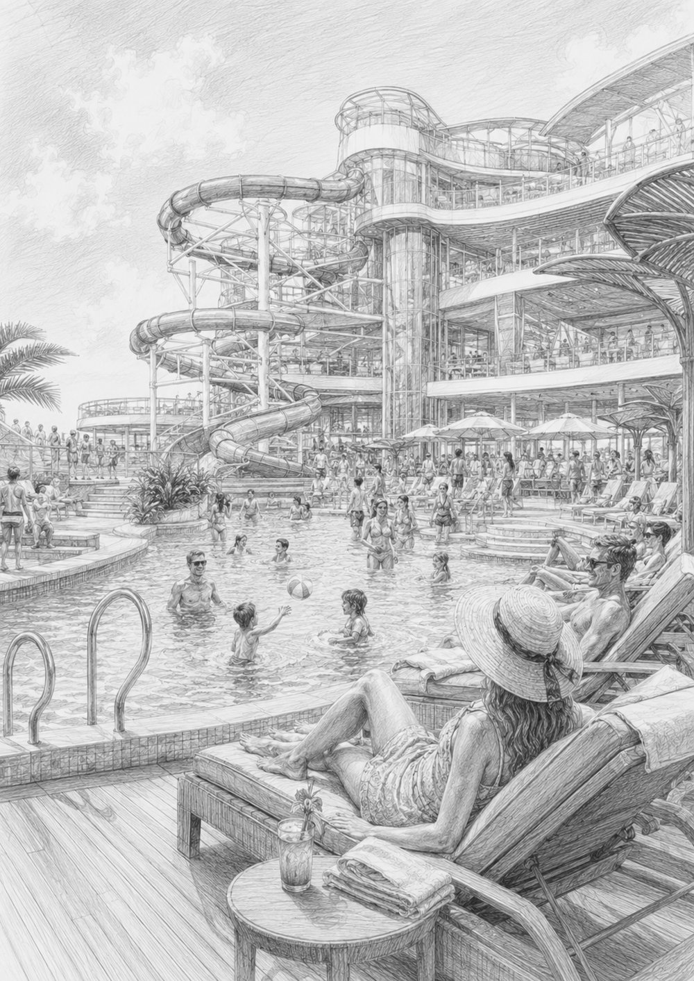 Illustration of a tall waterslide and the pool deck on Wonder of the Seas