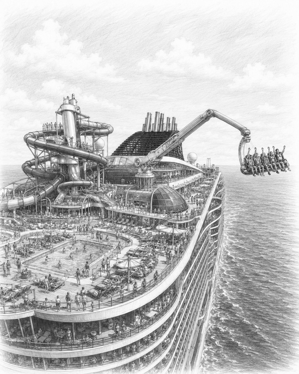 Illustration of the Harbour aquapark and waterslides on MSC World America