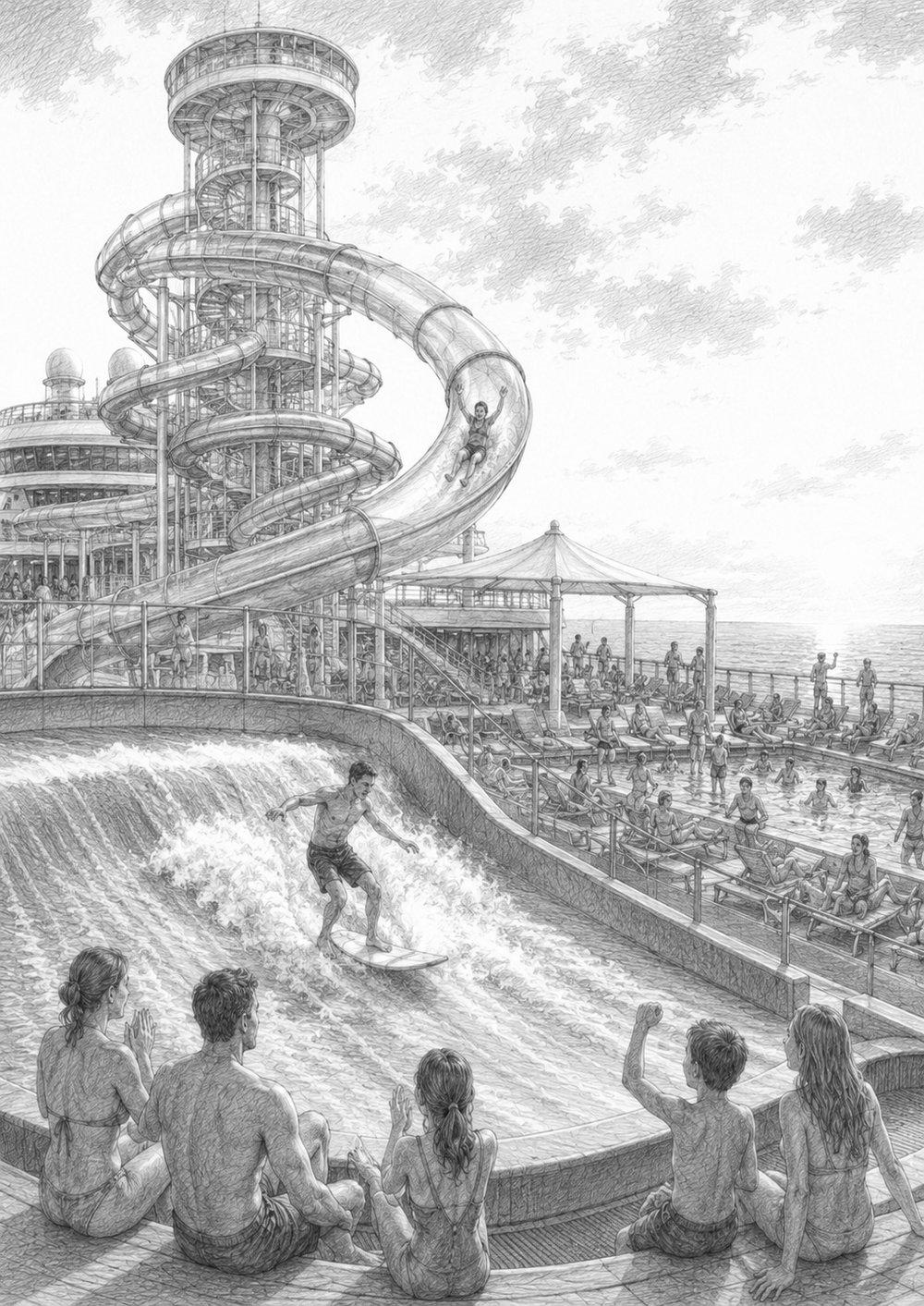Illustration of a tall waterslide and the pool deck on Utopia of the Seas