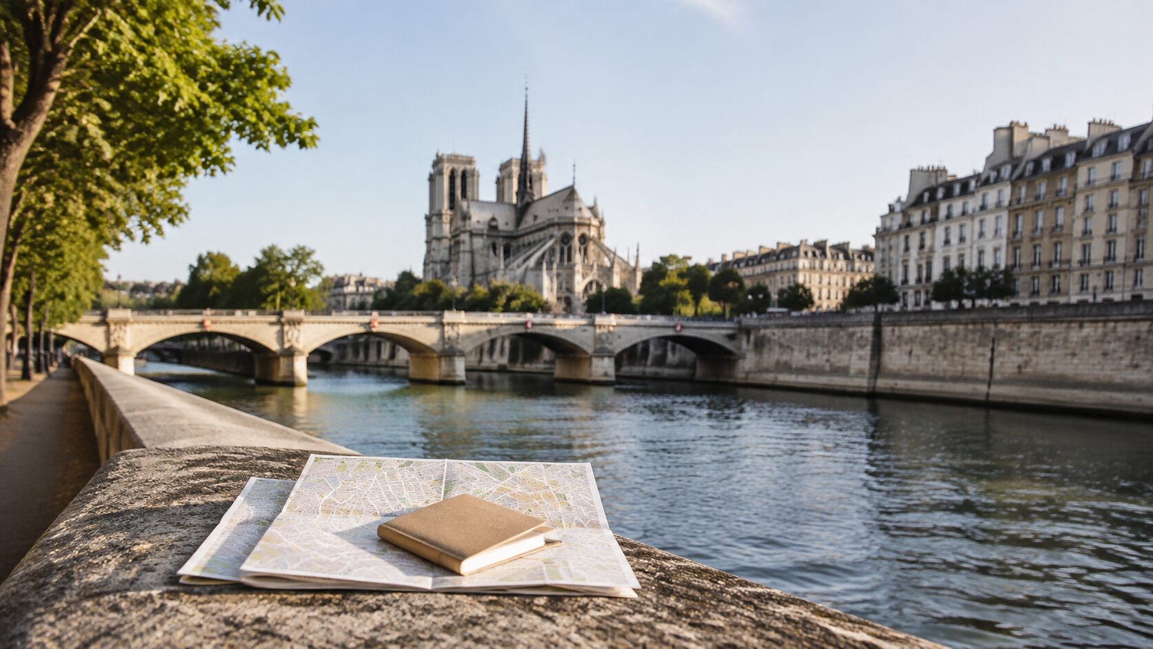 Paris map and travel notebook beside the Seine near Notre-Dame