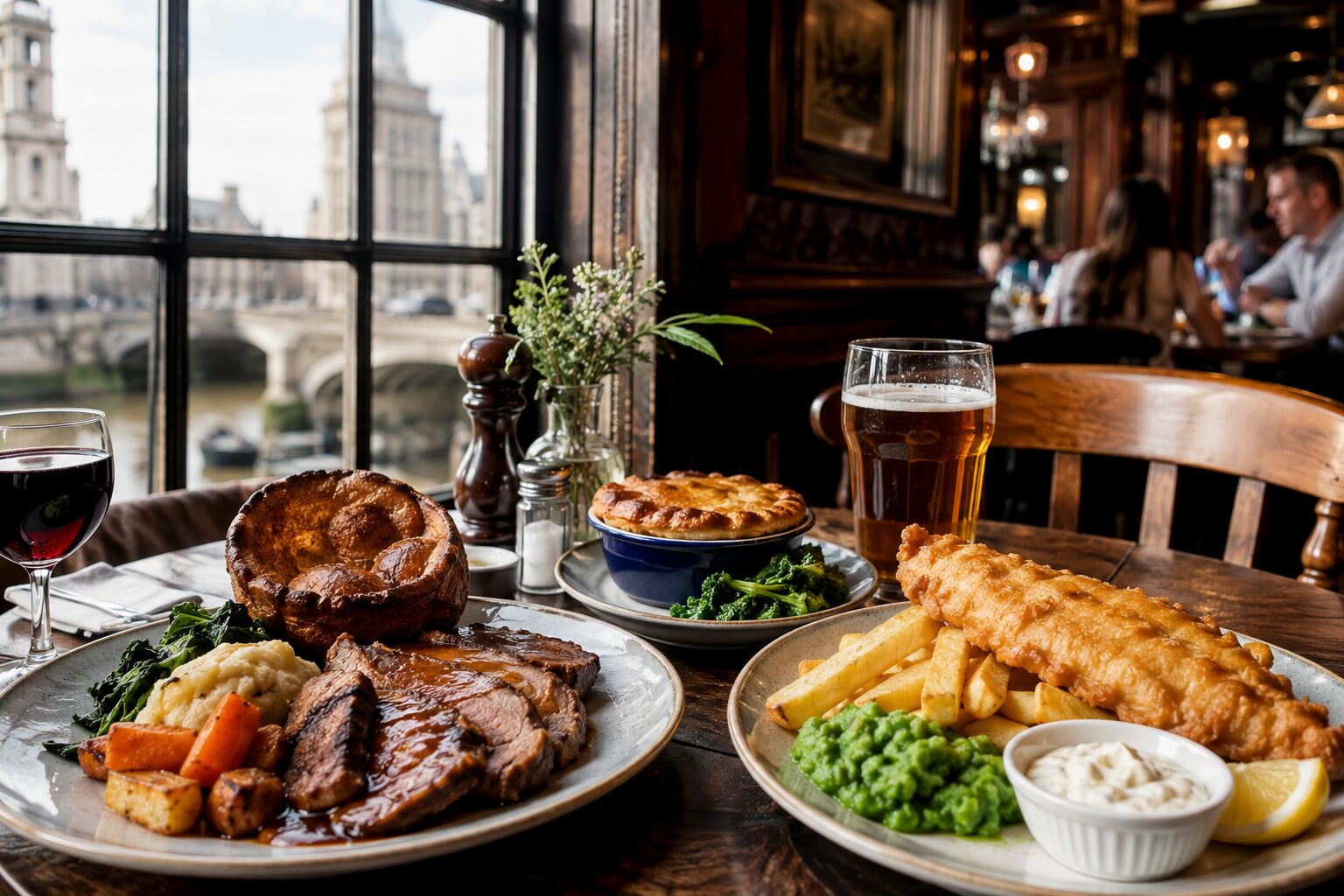 Traditional British dishes served in a London pub