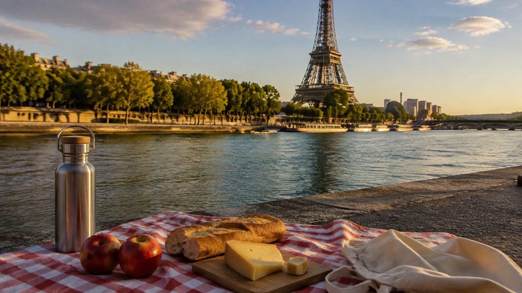 Affordable picnic with bread, cheese, and apples beside the Seine and Eiffel Tower