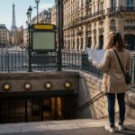 First-time traveler reading a map beside a Paris Metro entrance