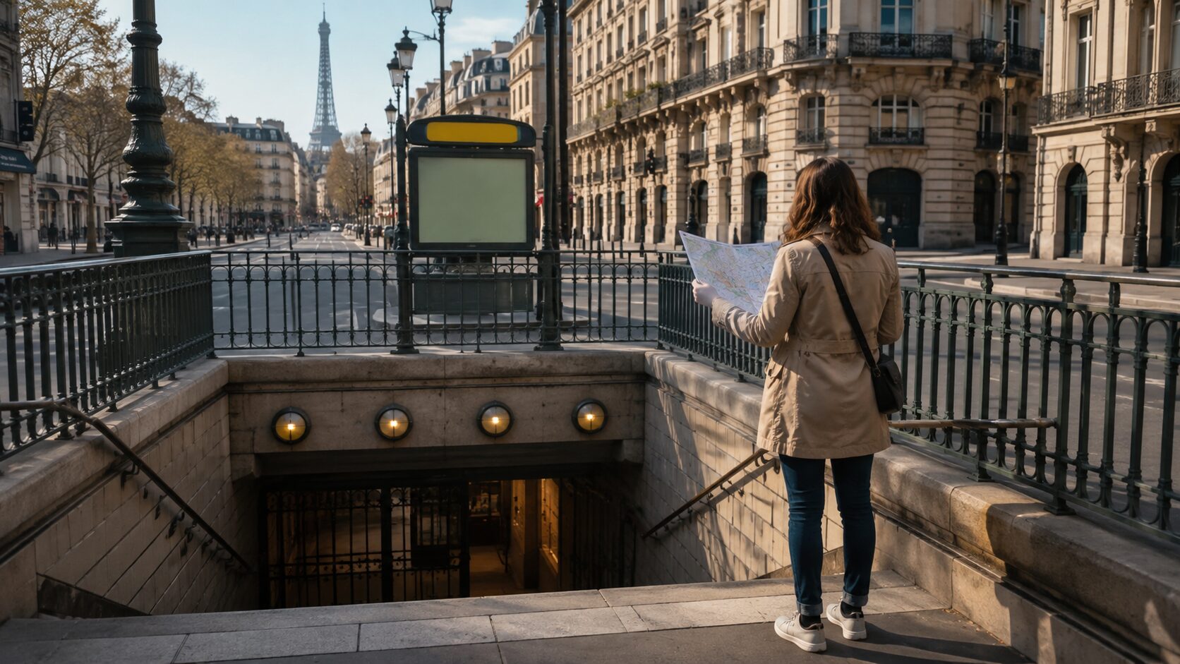 First-time traveler reading a map beside a Paris Metro entrance