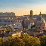 Rome skyline and the Colosseum in golden light