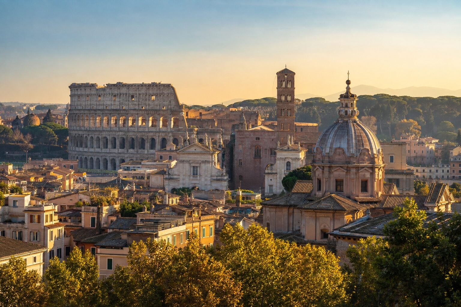 Rome skyline and the Colosseum in golden light