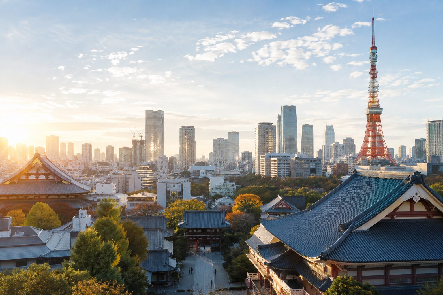 Tokyo skyline blending traditional and modern architecture