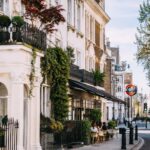 Elegant London neighborhood street and cafe