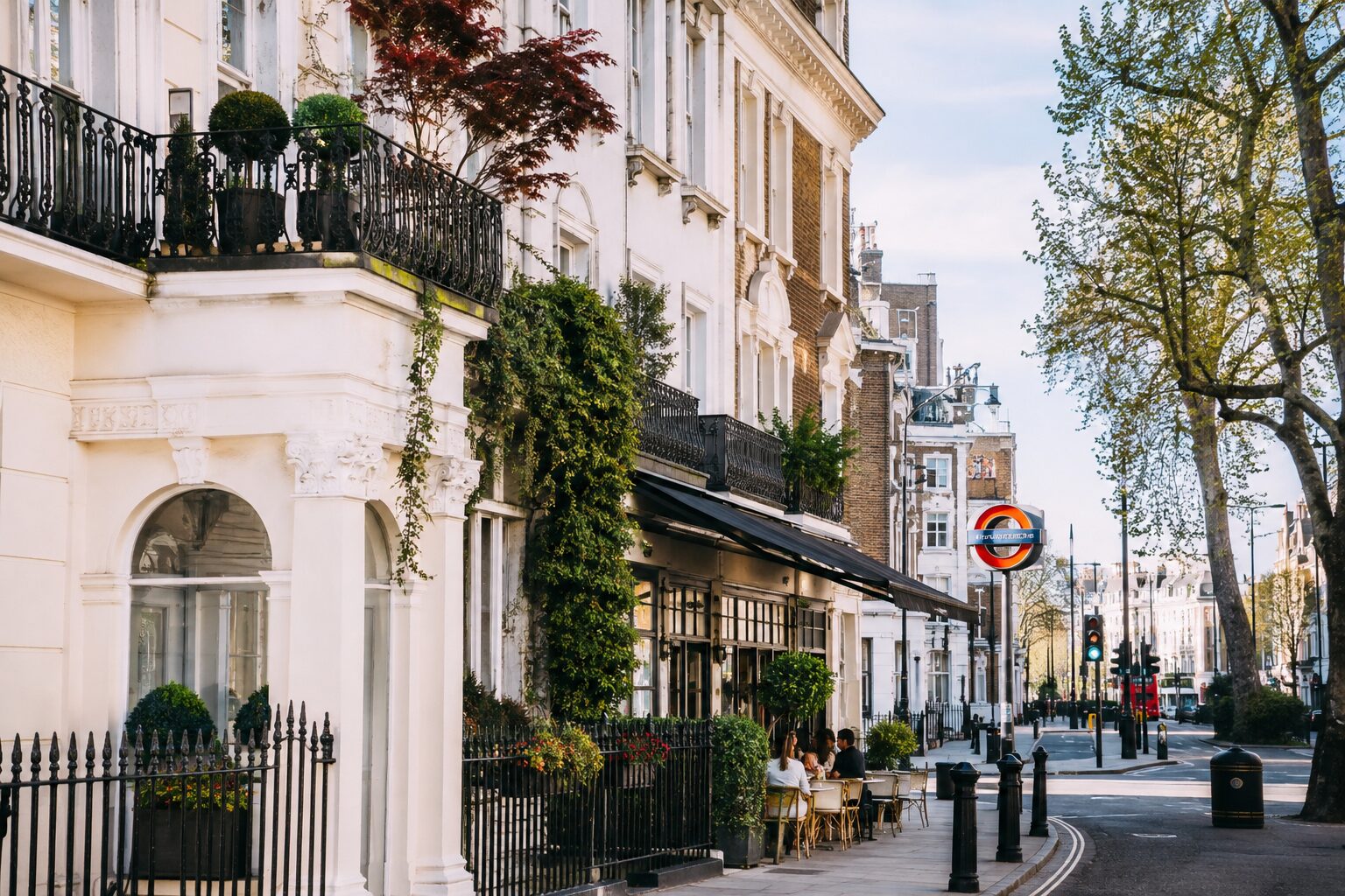 Elegant London neighborhood street and cafe