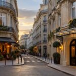 Elegant Paris neighborhood with a hotel entrance and cafe terrace